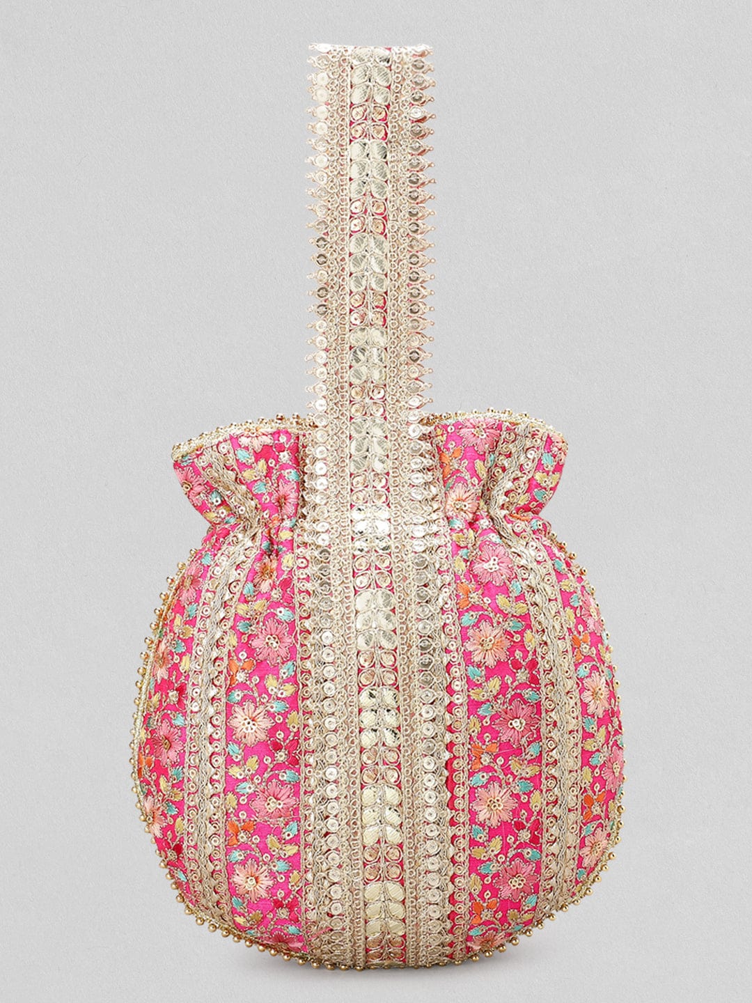 Wentra Pink And Golden Embroidered Potli Bag