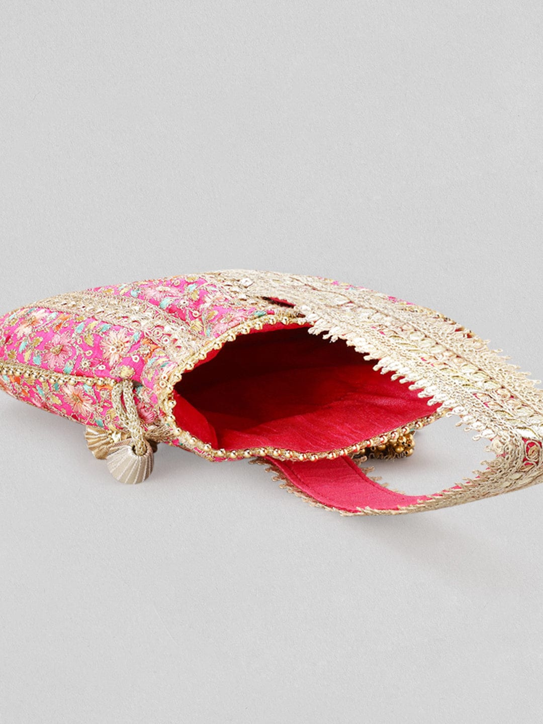 Wentra Pink And Golden Embroidered Potli Bag