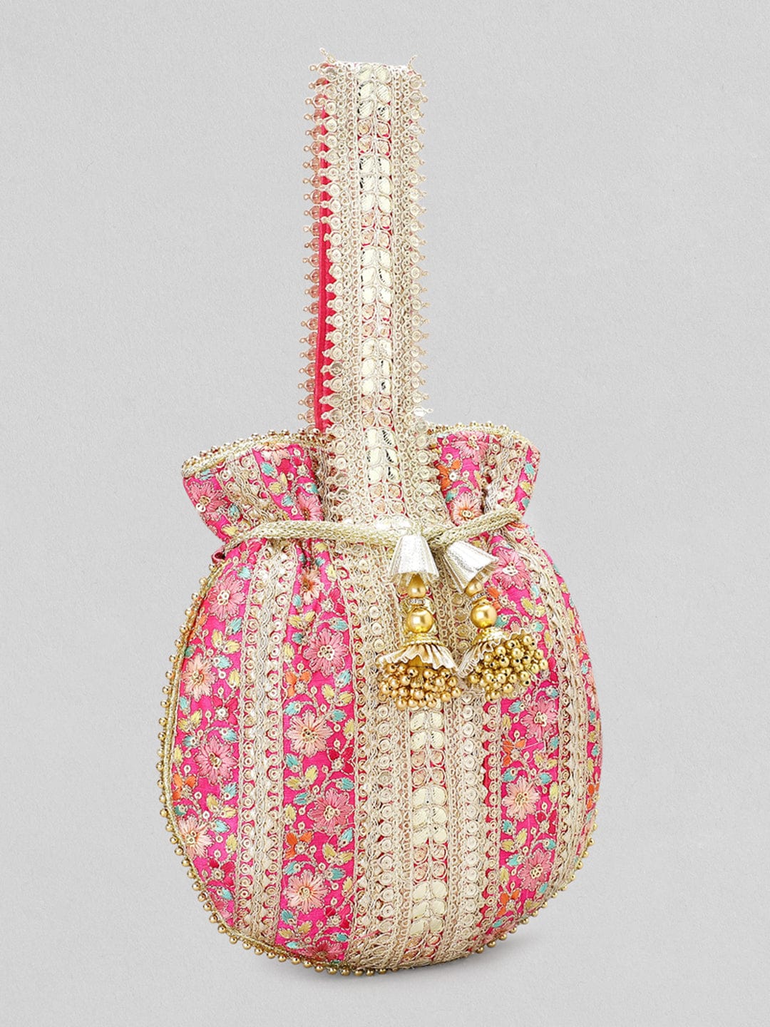 Wentra Pink And Golden Embroidered Potli Bag