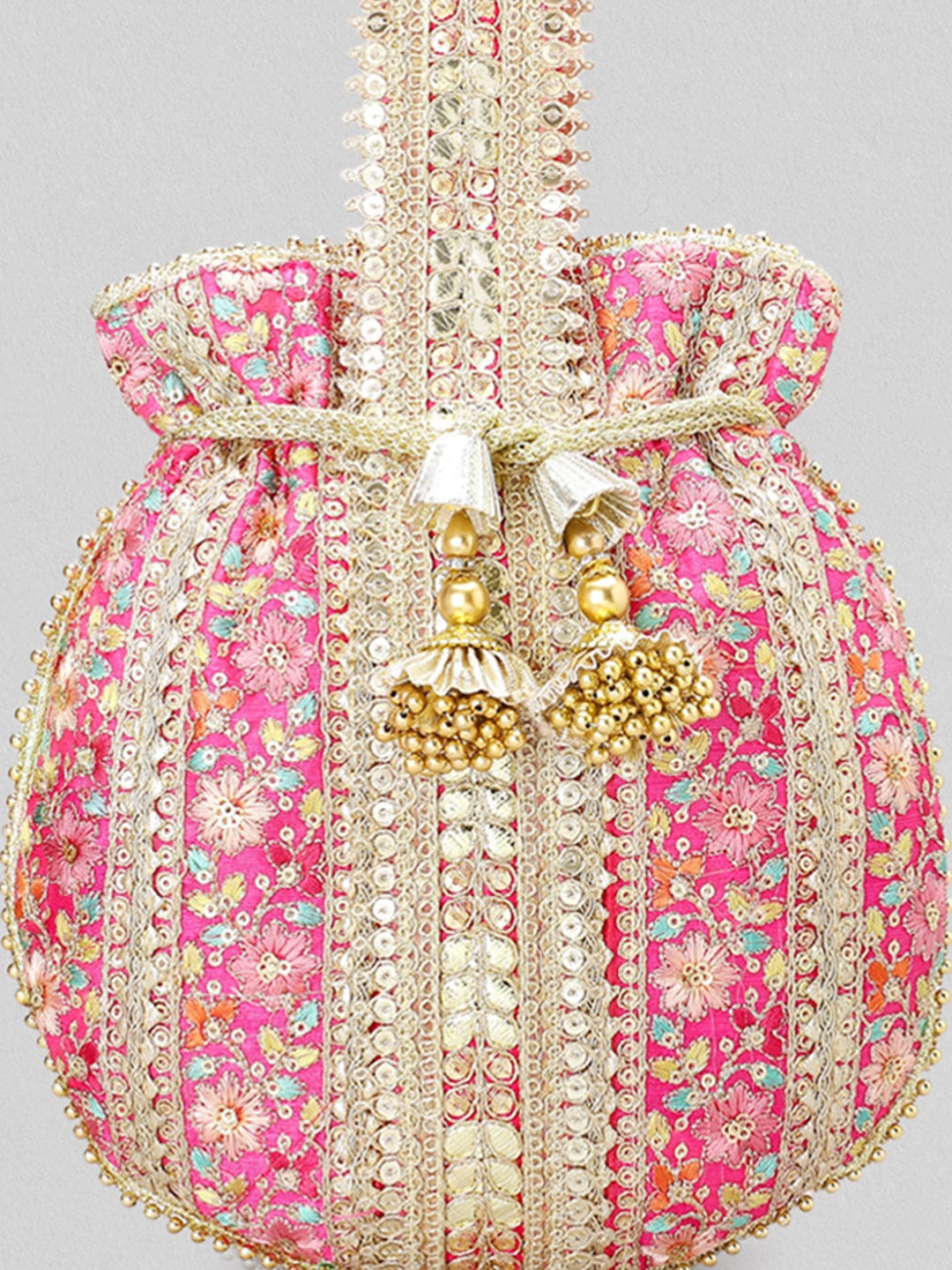 Wentra Pink And Golden Embroidered Potli Bag