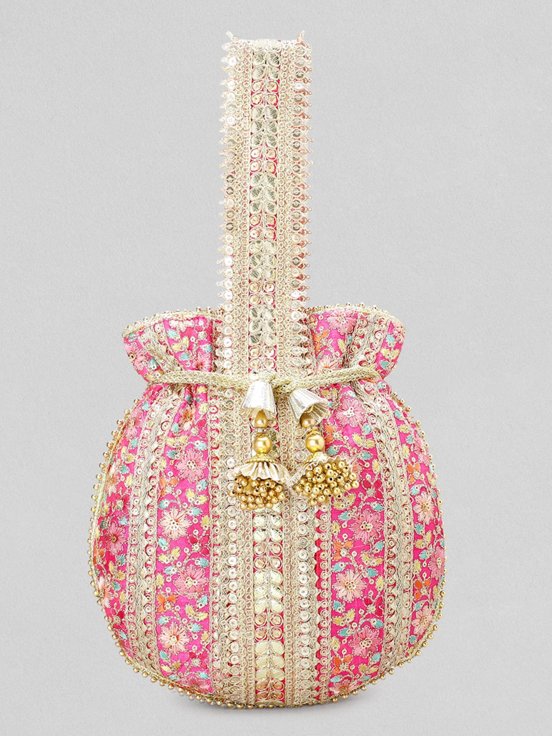 Wentra Pink And Golden Embroidered Potli Bag
