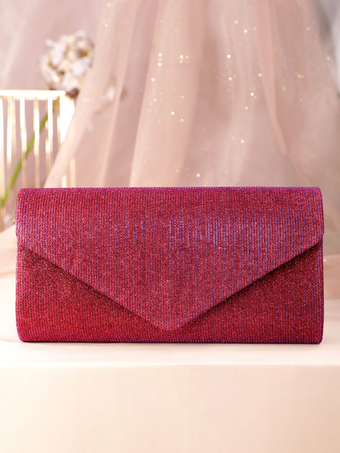 Wentra Radiant Bloom Magenta Textured Shimmery Clutch Bag