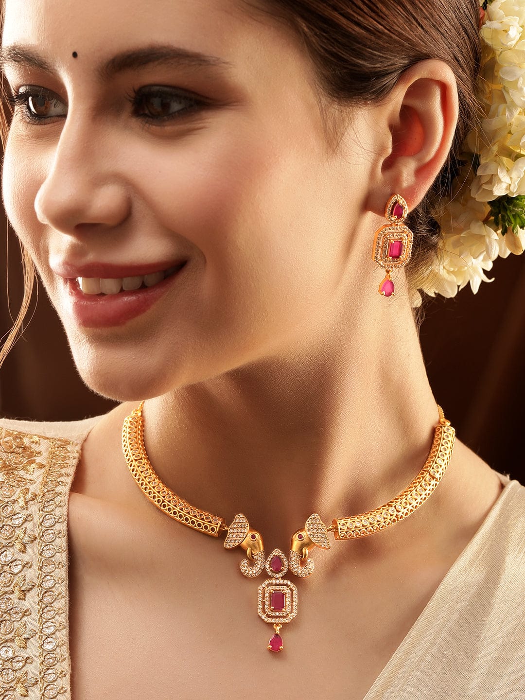 American Diamond Zirconia Pink Studded Choker Set