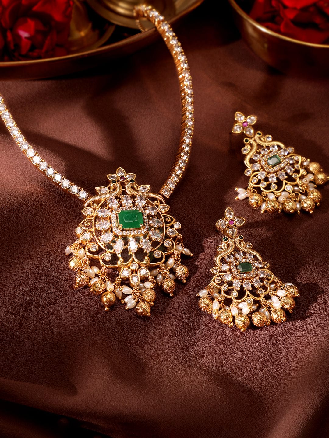 White Clustered Gold Beads Necklace Set