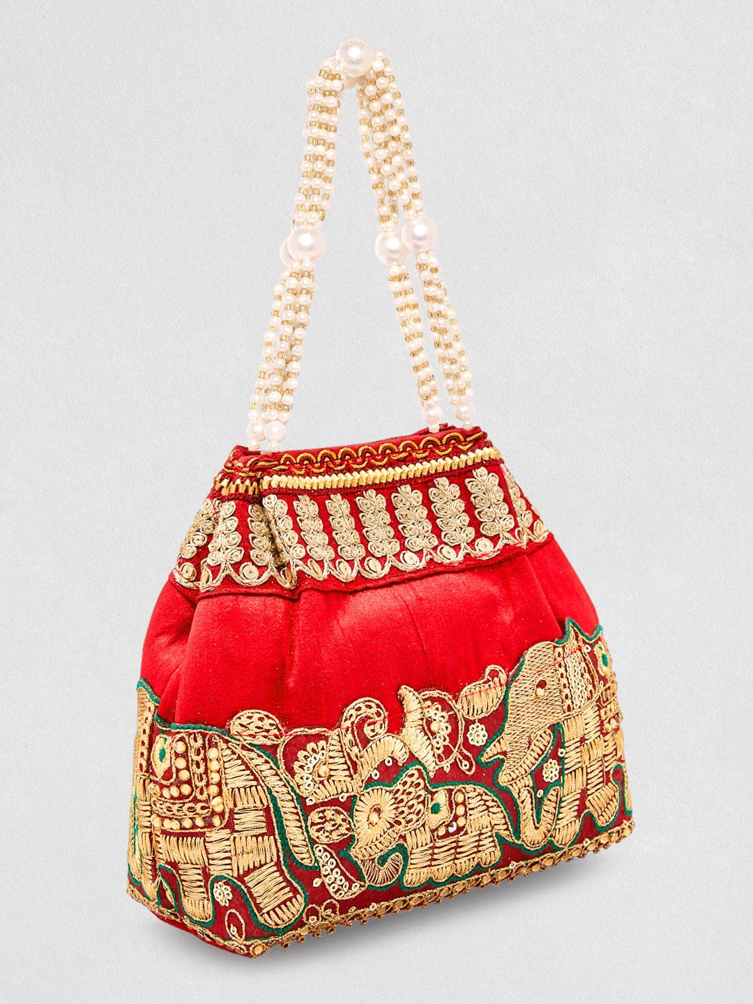 Wentra Red Embroidered & Green Border Potli Bag with Pearl Handle & Elephant Motif Details