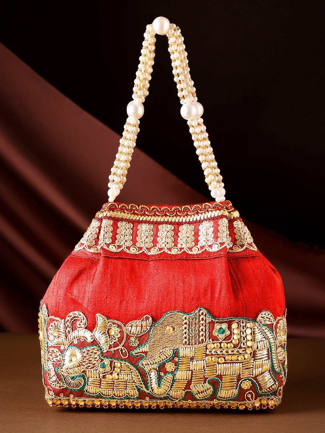Wentra Red Embroidered & Green Border Potli Bag with Pearl Handle & Elephant Motif Details