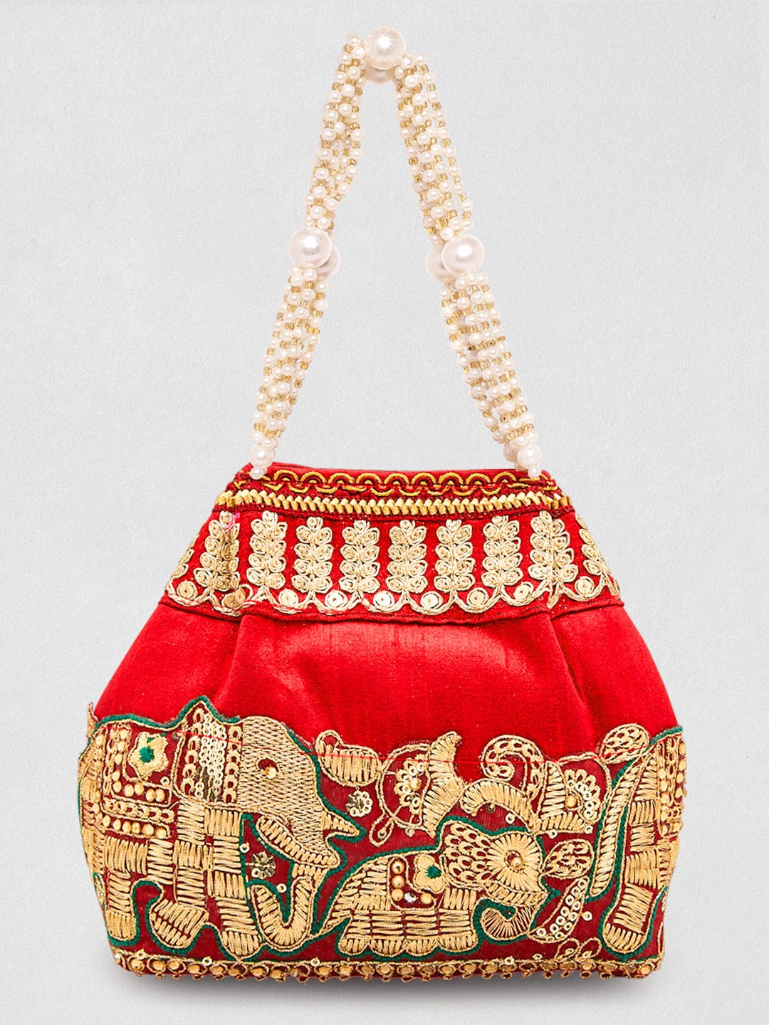 Wentra Red Embroidered & Green Border Potli Bag with Pearl Handle & Elephant Motif Details