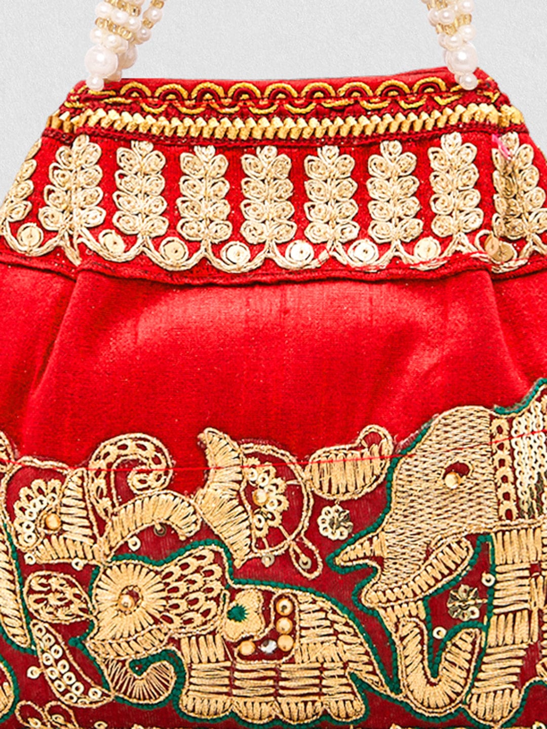 Wentra Red Embroidered & Green Border Potli Bag with Pearl Handle & Elephant Motif Details
