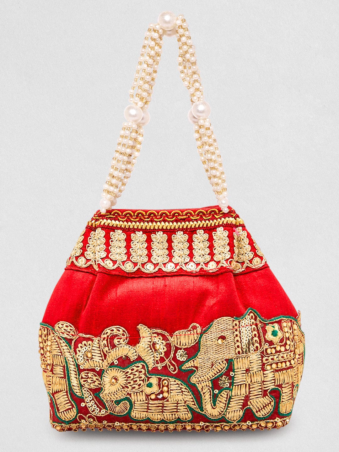 Wentra Red Embroidered & Green Border Potli Bag with Pearl Handle & Elephant Motif Details