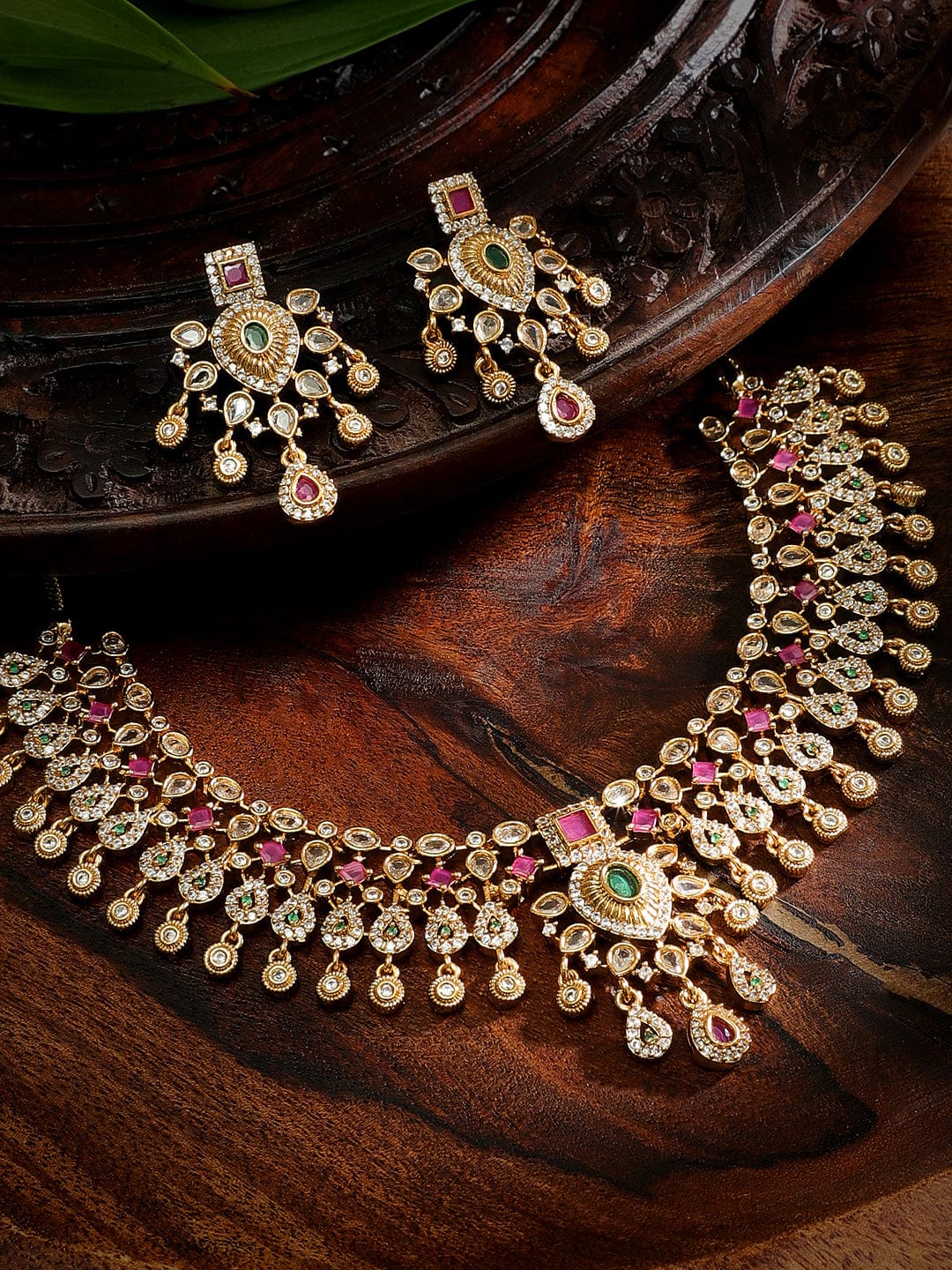 Timeless Red Green American Diamond Studded Short Necklace Set