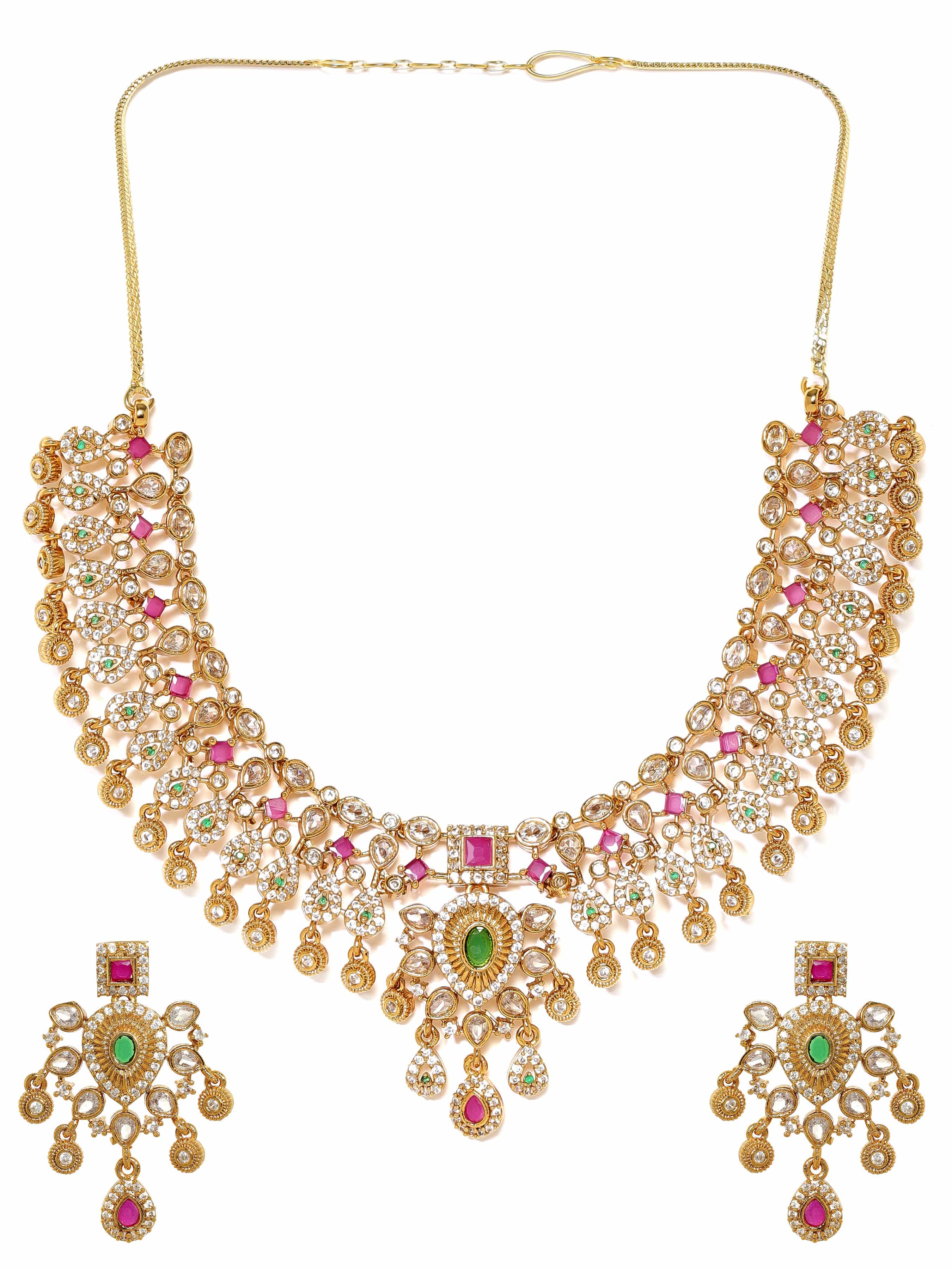 Timeless Red Green American Diamond Studded Short Necklace Set