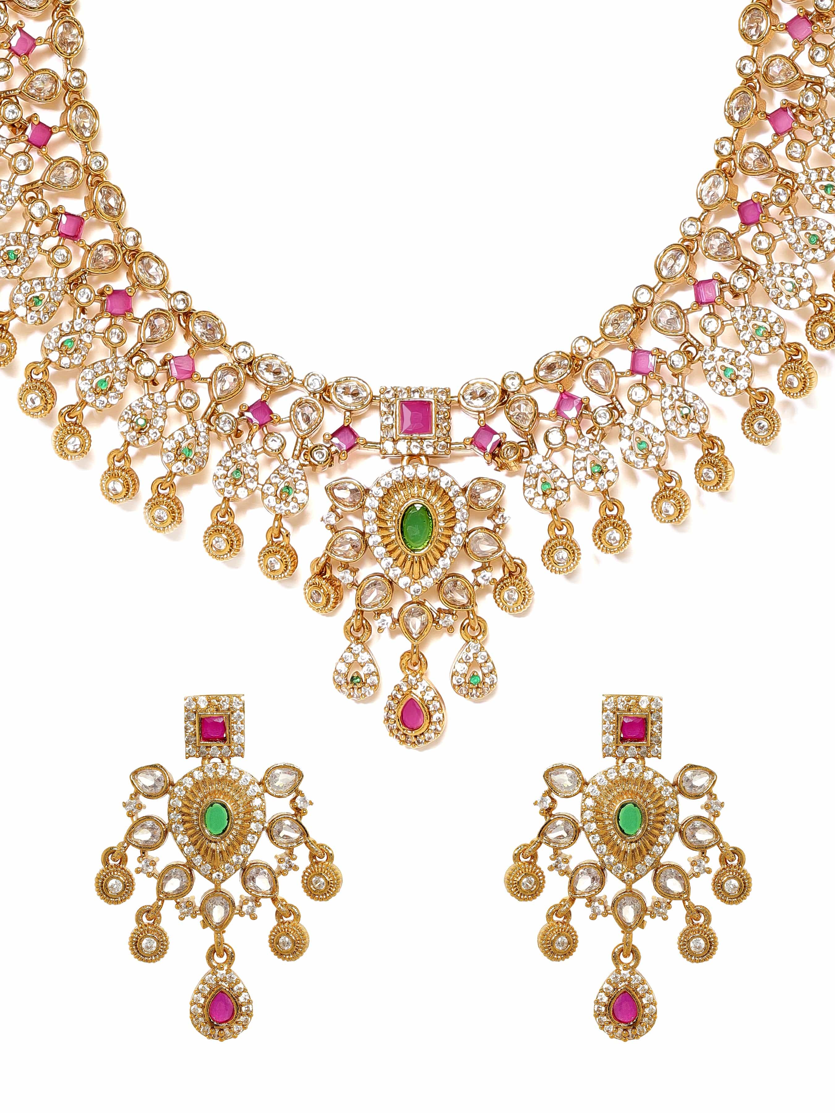 Timeless Red Green American Diamond Studded Short Necklace Set