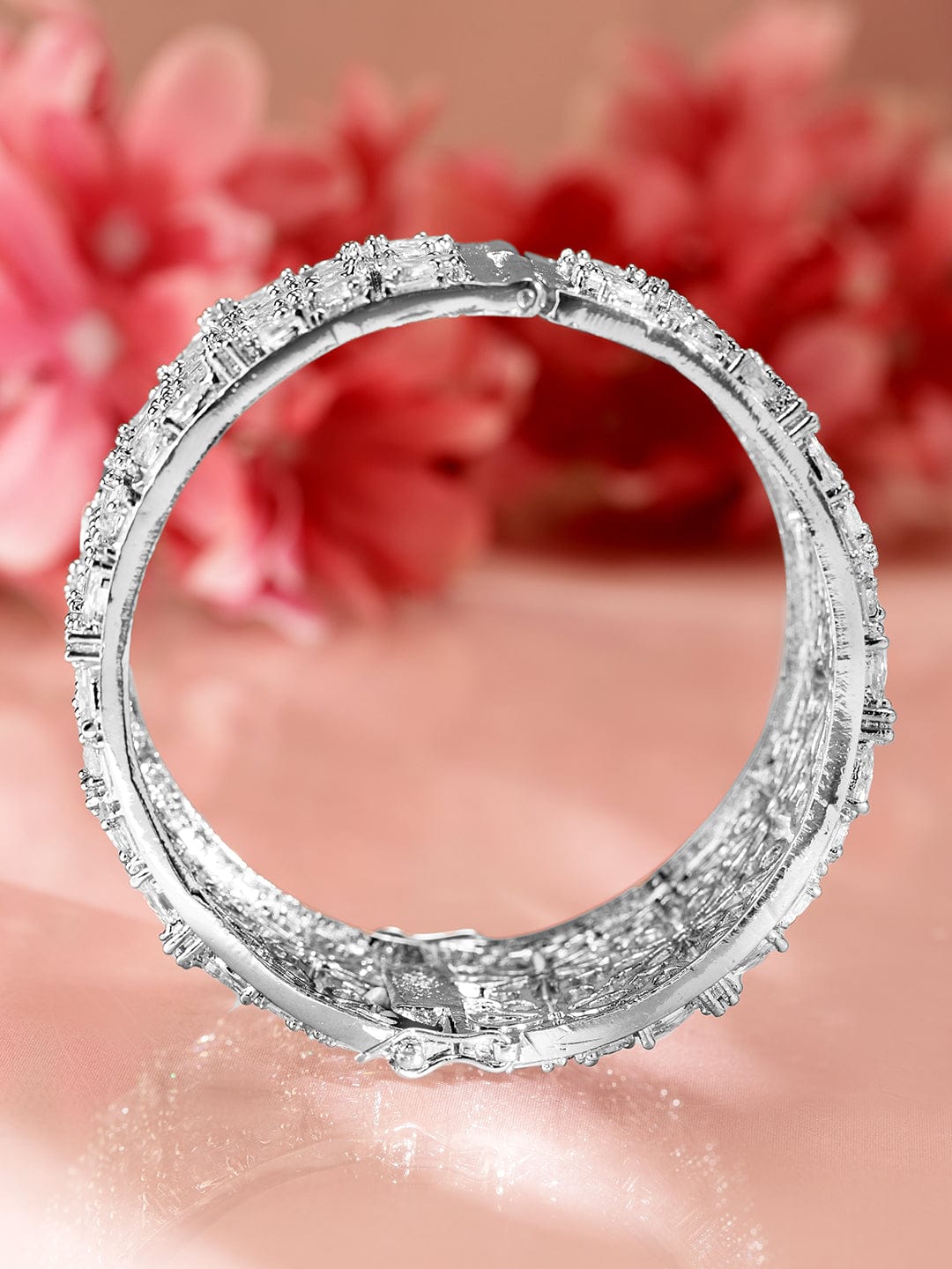 Wentra Rhodium-Plated AAA Cubic Zirconia Studded Handcrafted Openable Premium Bracelet