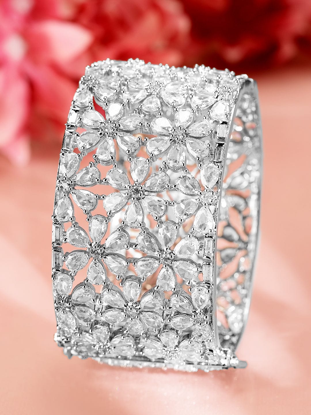 Wentra Rhodium-Plated AAA Cubic Zirconia Studded Handcrafted Openable Premium Bracelet
