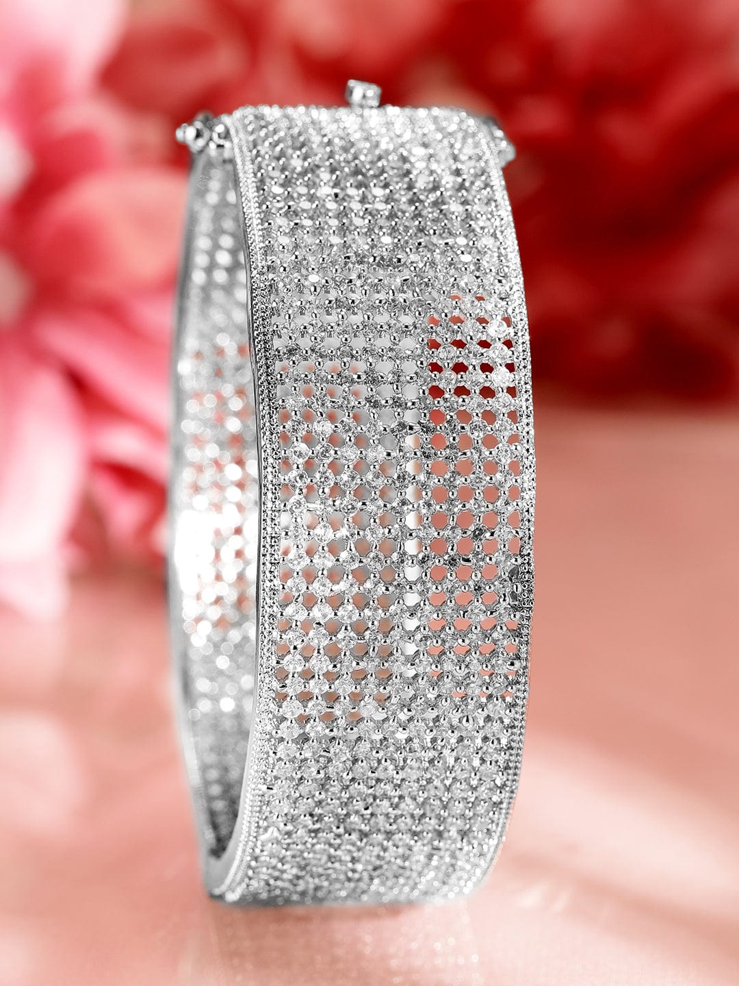 Wentra Rhodium-Plated AAA Cubic Zirconia Studded Premium Openable Bangle Bracelet