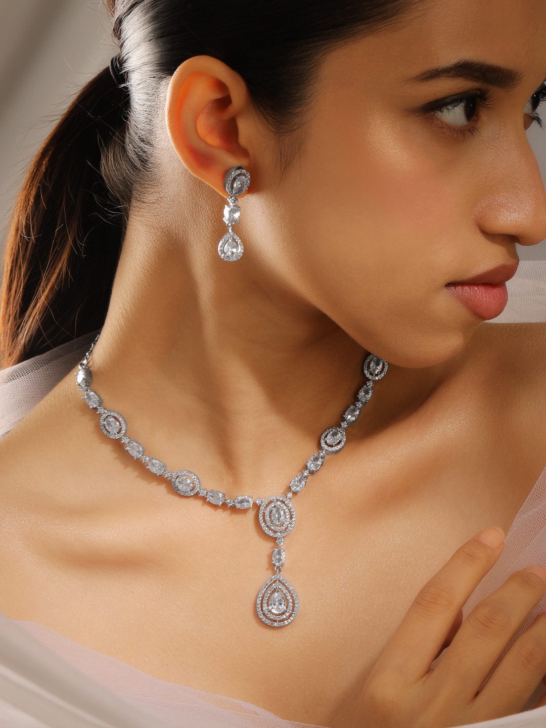 Teardrop Studded Necklace Set in American Diamond Zirconia