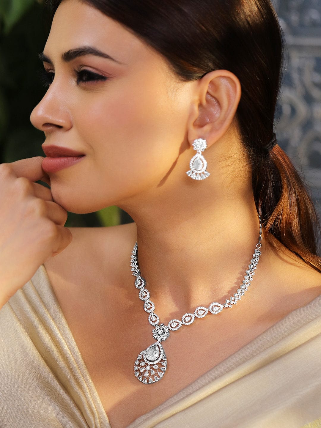 American Diamond Zirconia White Necklace Set