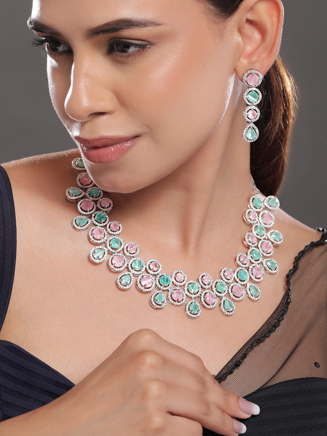 Pink & Green American Diamond Zirconia Necklace Set