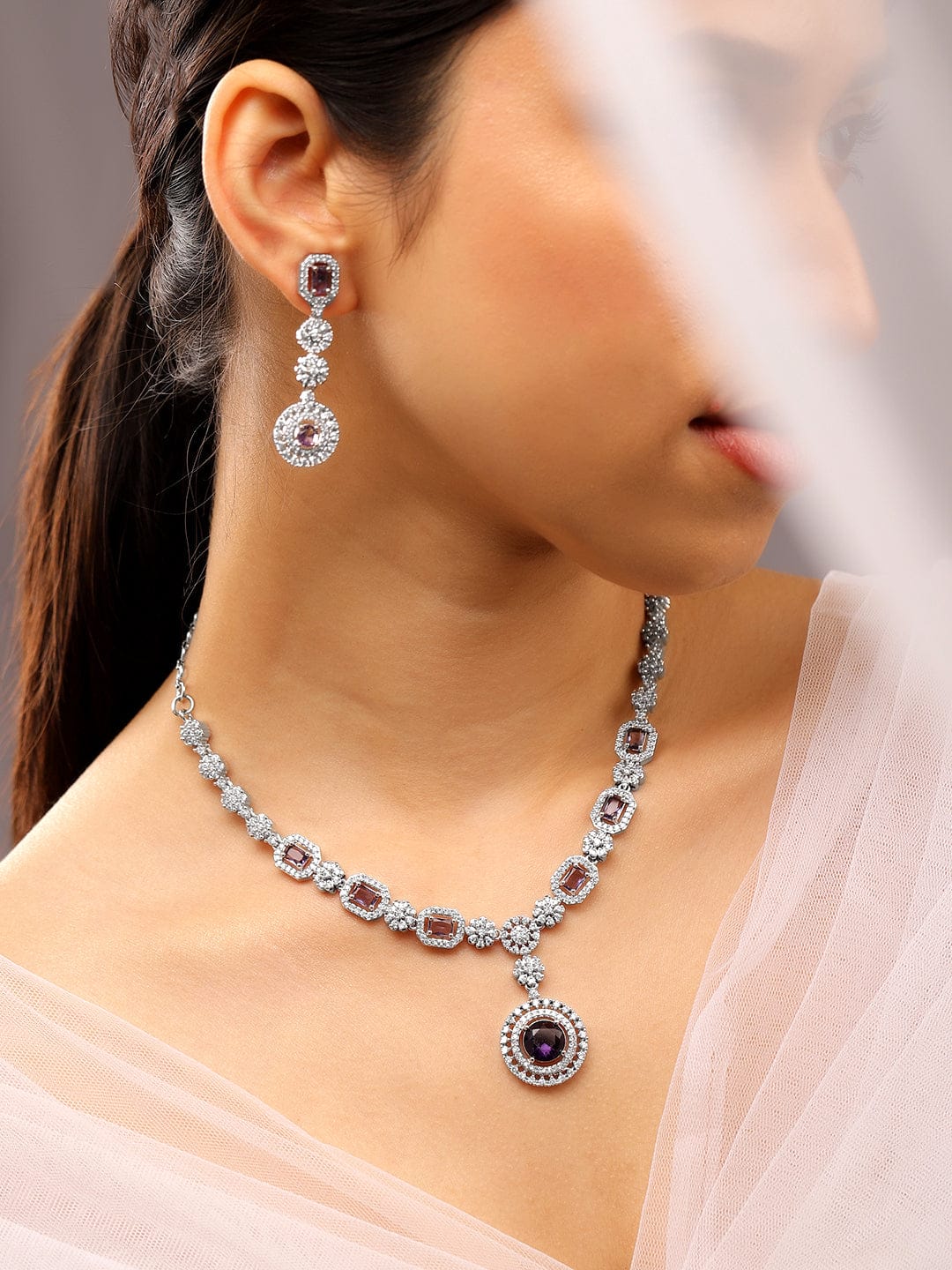 American Diamond Zirconia Purple Studded Necklace Set