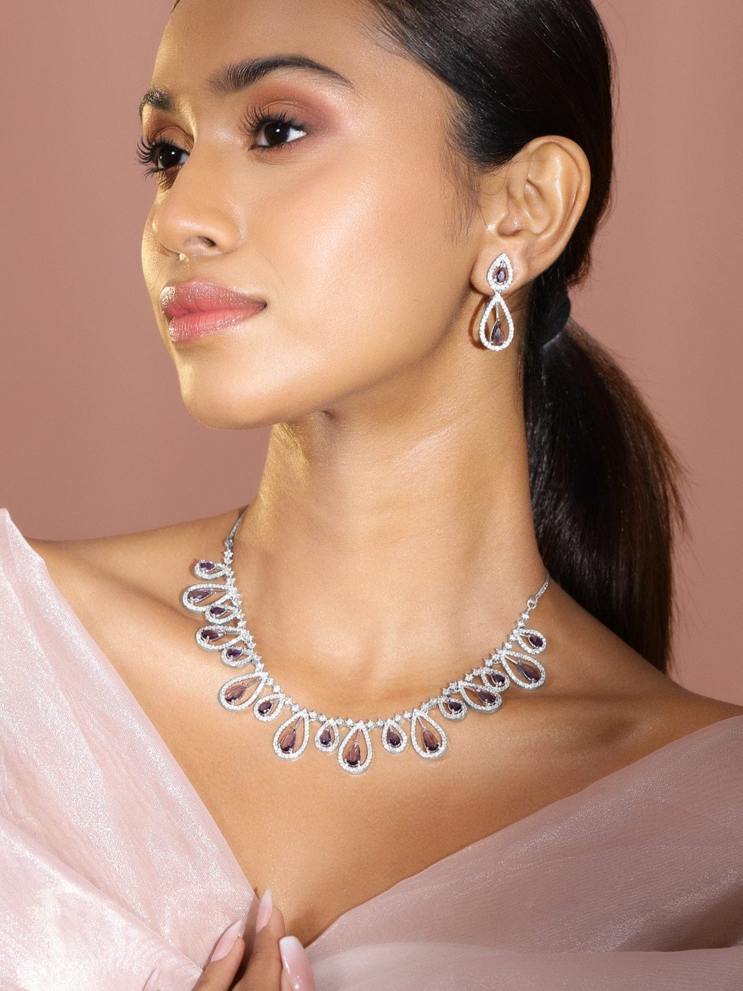 Purple American Diamond Zirconia Drop Necklace Set