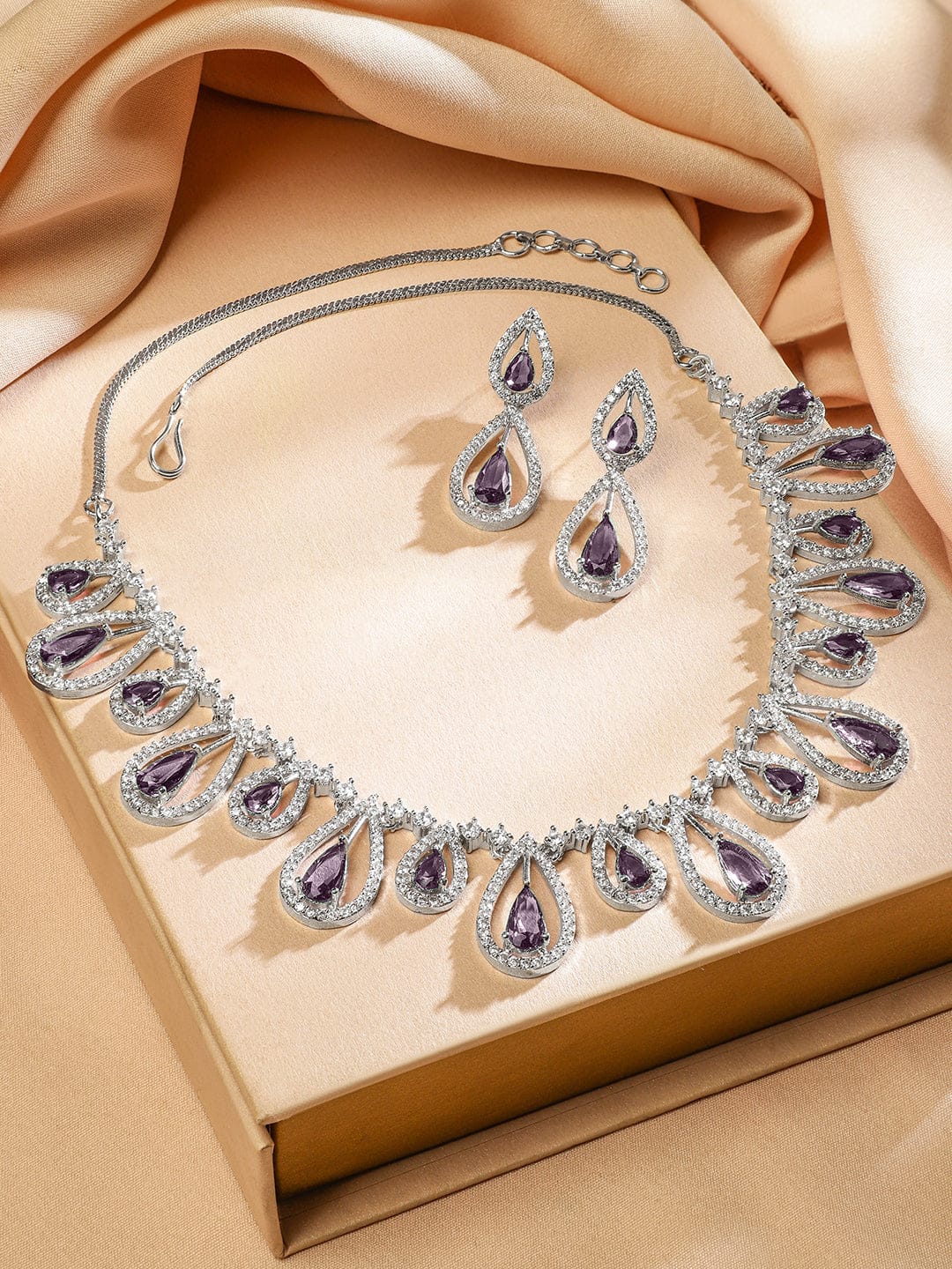 Purple American Diamond Zirconia Drop Necklace Set
