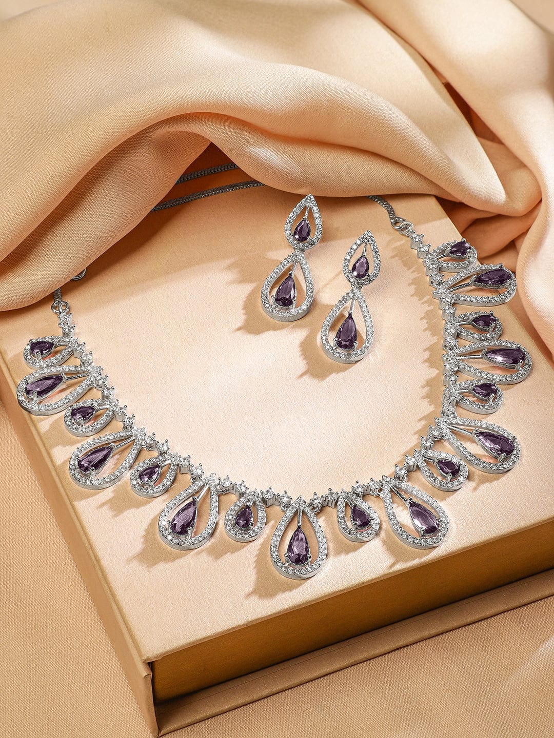 Purple American Diamond Zirconia Drop Necklace Set
