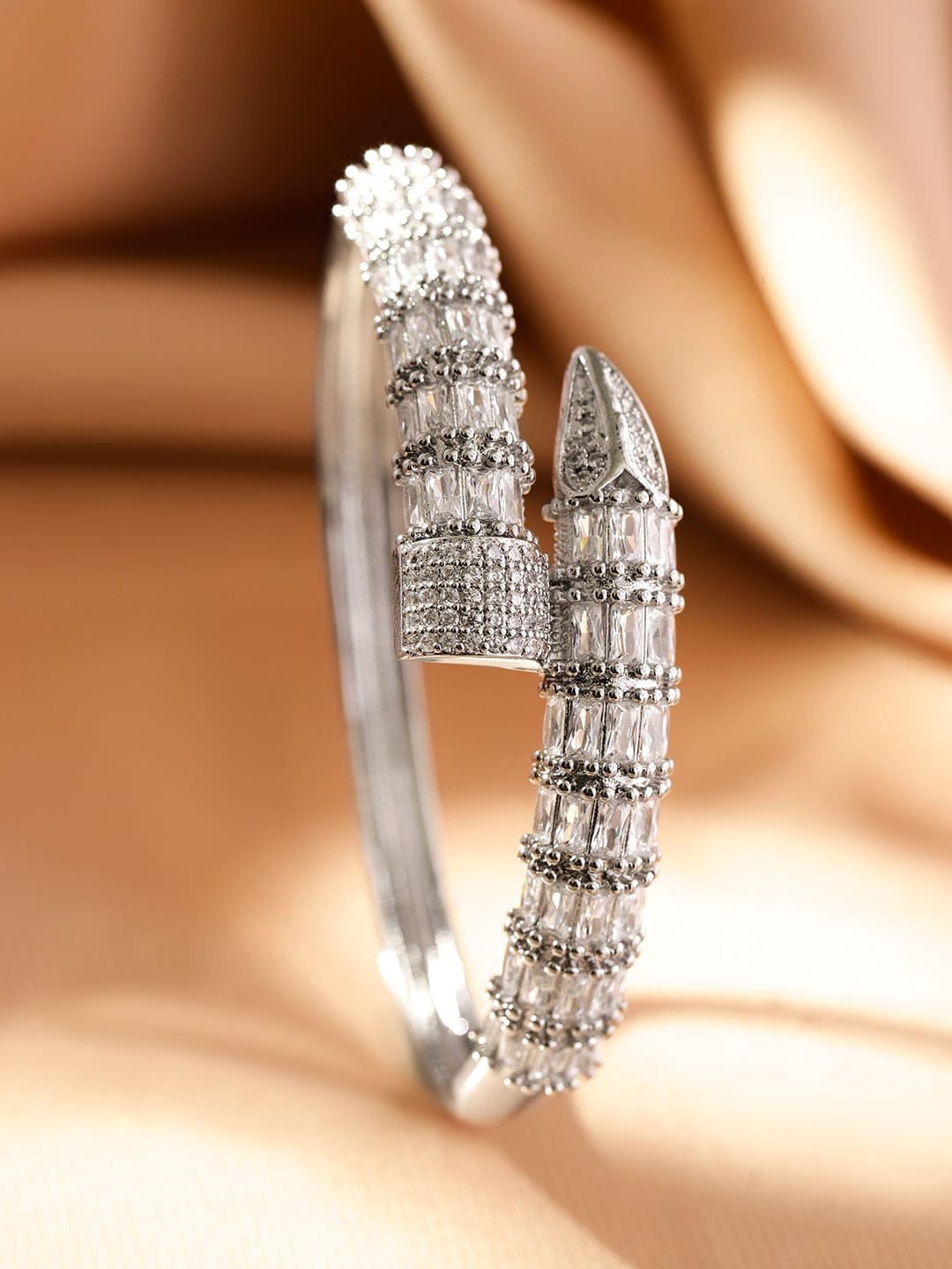 Wentra Rhodium-Plated Baguette-Cut Cubic Zirconia Openable Serphant Bracelet