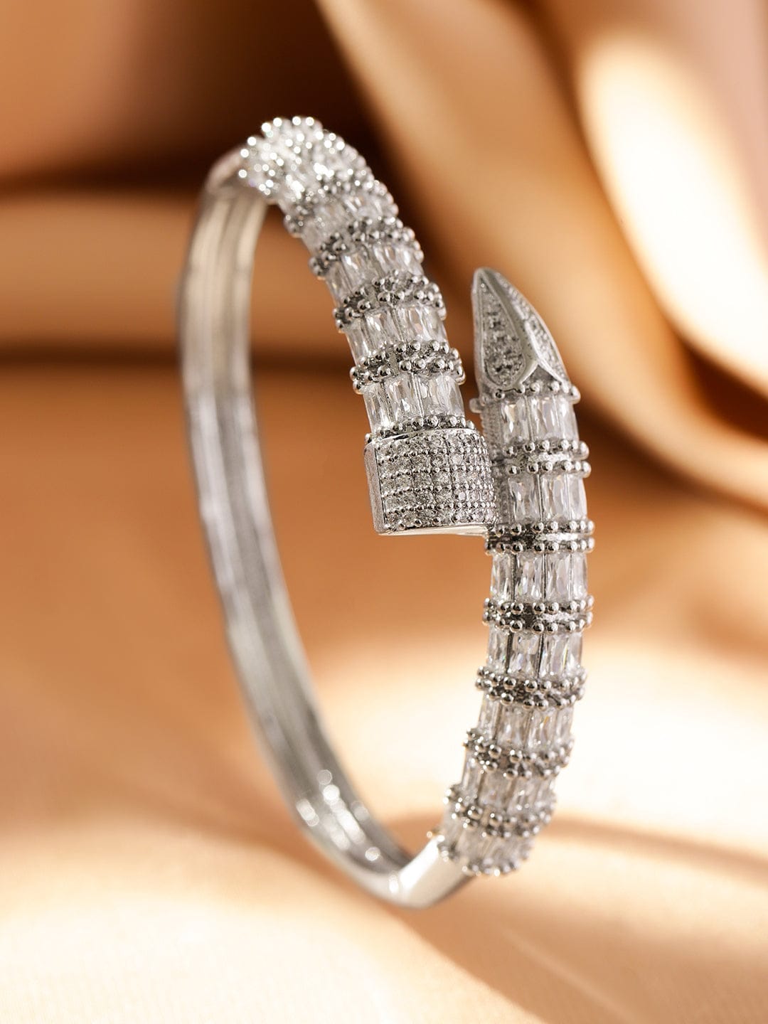 Wentra Rhodium-Plated Baguette-Cut Cubic Zirconia Openable Serphant Bracelet