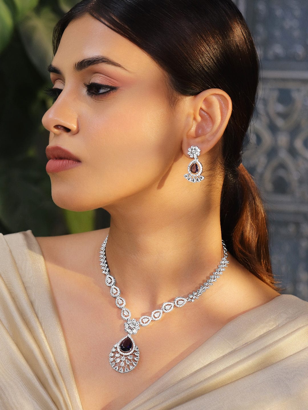 American Diamond Zirconia Black Accented Necklace Set