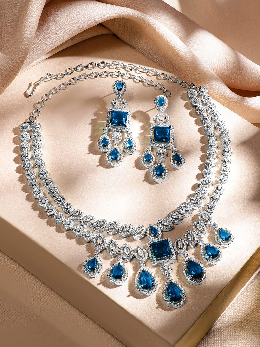 Blue American Diamond Zirconia Two-Layered Necklace Set