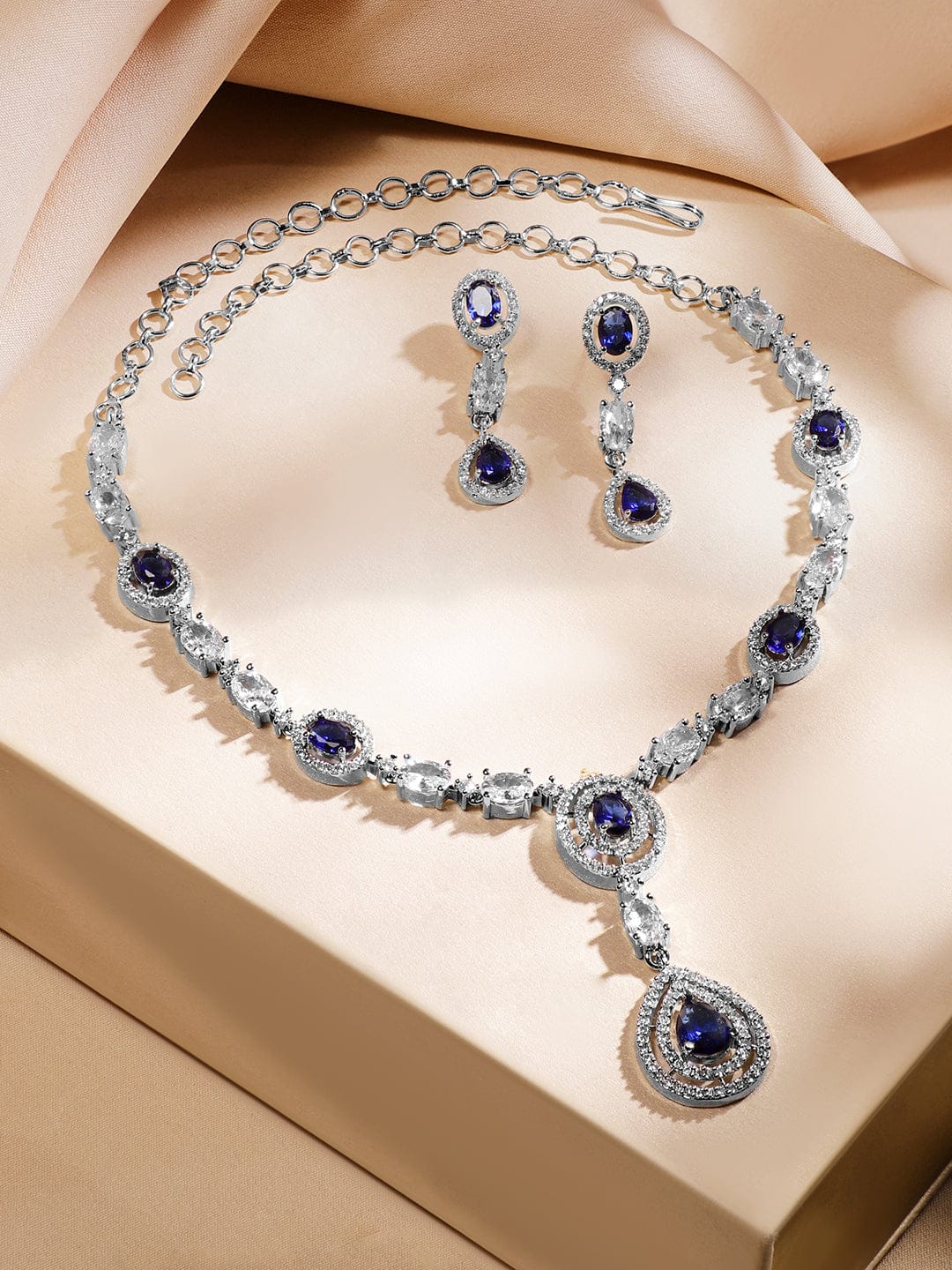 Blue American Diamond Zirconia Layered Necklace Set