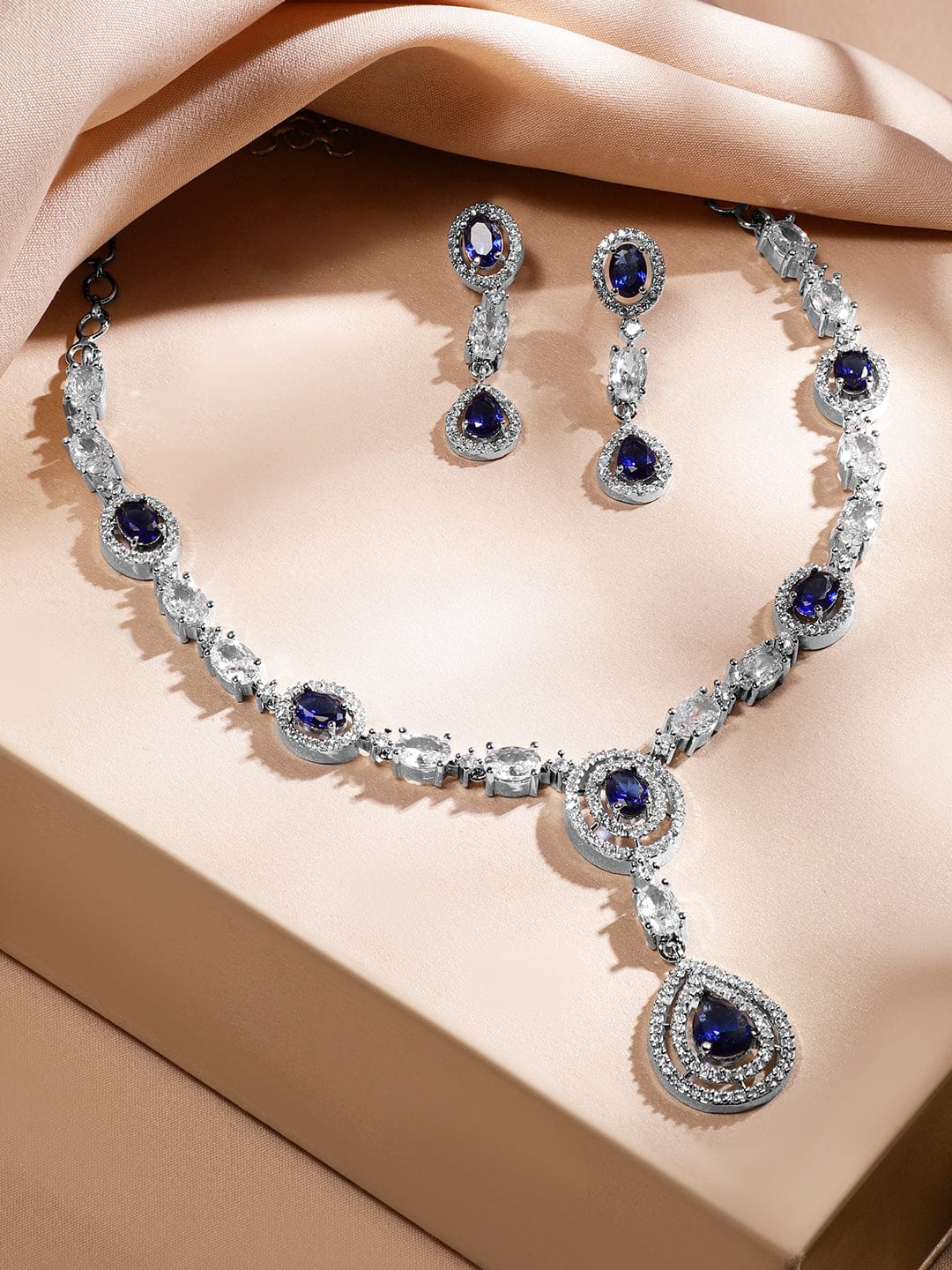 Blue American Diamond Zirconia Layered Necklace Set