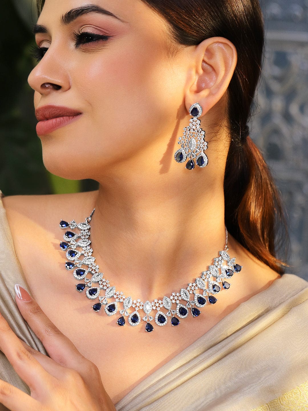 American Diamond Zirconia Blue Necklace Set