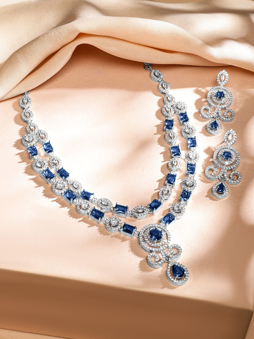 Blue Studded American Diamond Zirconia Layered Necklace Set