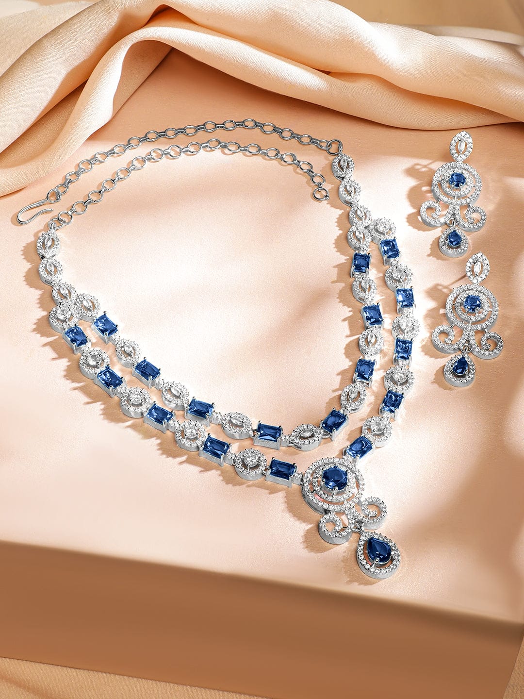 Blue Studded American Diamond Zirconia Layered Necklace Set