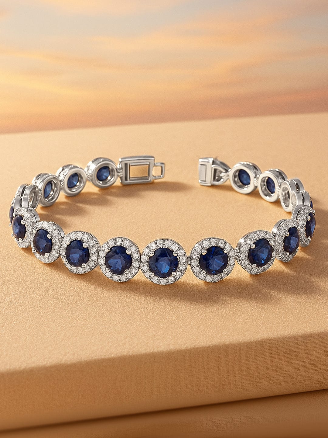 Wentra Rhodium-Plated Blue Sapphire & Cubic Zirconia Studded Tennis Bracelet