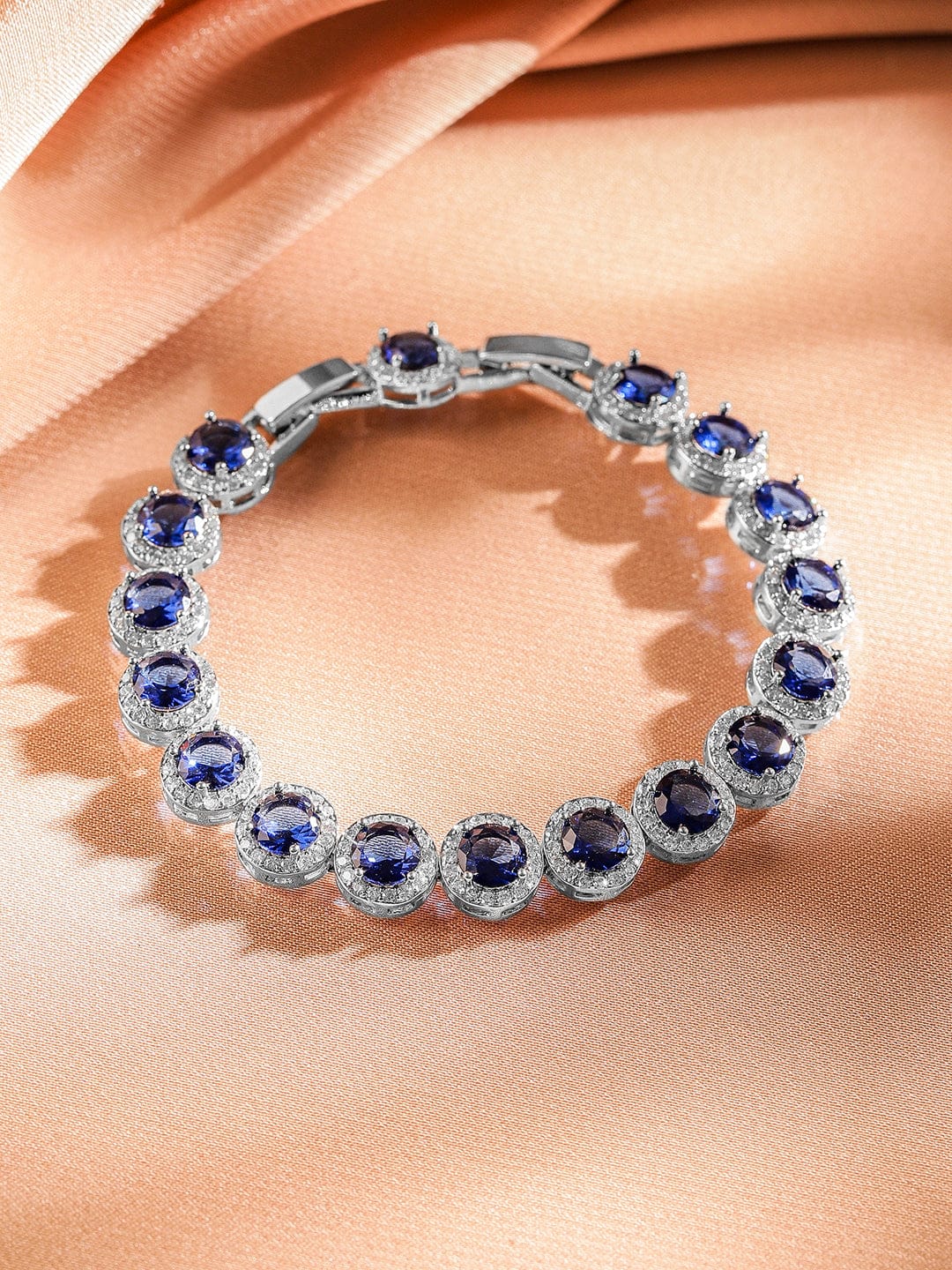 Wentra Rhodium-Plated Blue Sapphire & Cubic Zirconia Studded Tennis Bracelet