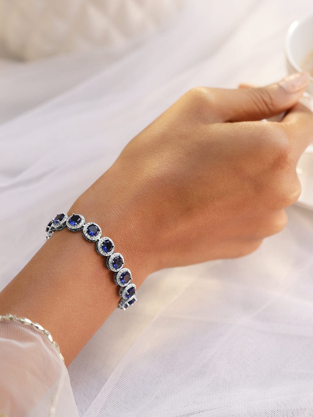 Wentra Rhodium-Plated Blue Sapphire & Cubic Zirconia Studded Tennis Bracelet