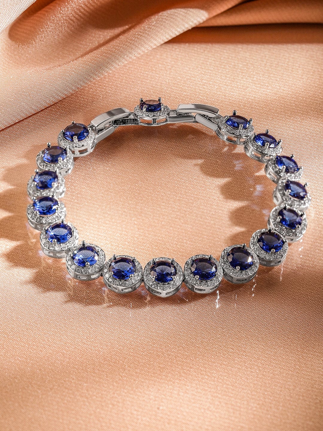 Wentra Rhodium-Plated Blue Sapphire & Cubic Zirconia Studded Tennis Bracelet