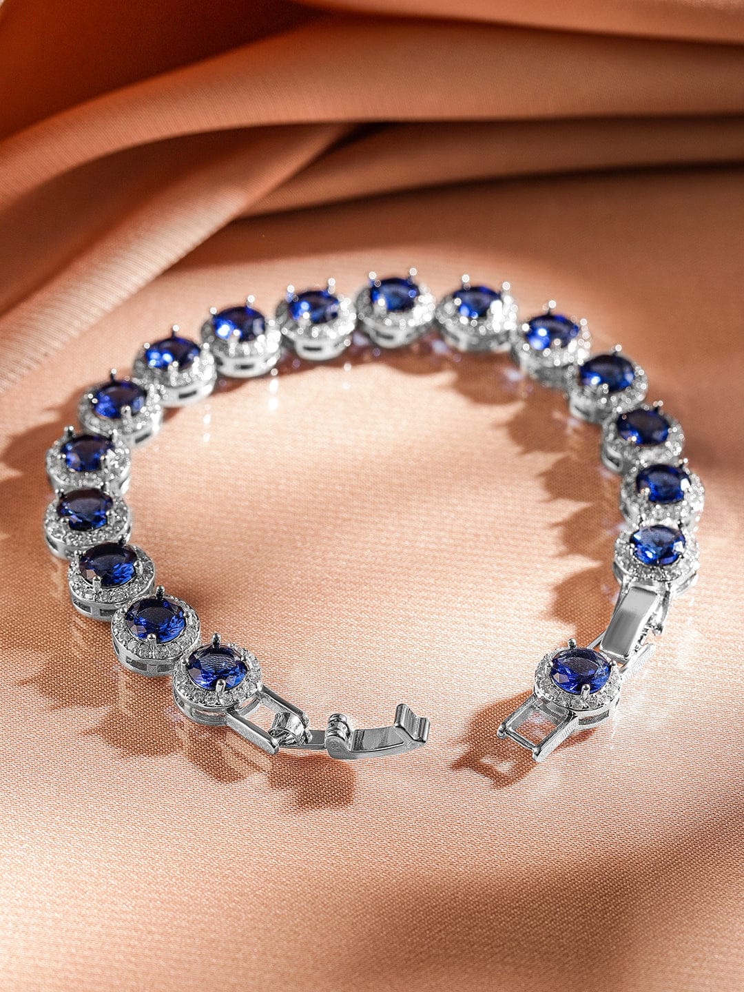 Wentra Rhodium-Plated Blue Sapphire & Cubic Zirconia Studded Tennis Bracelet