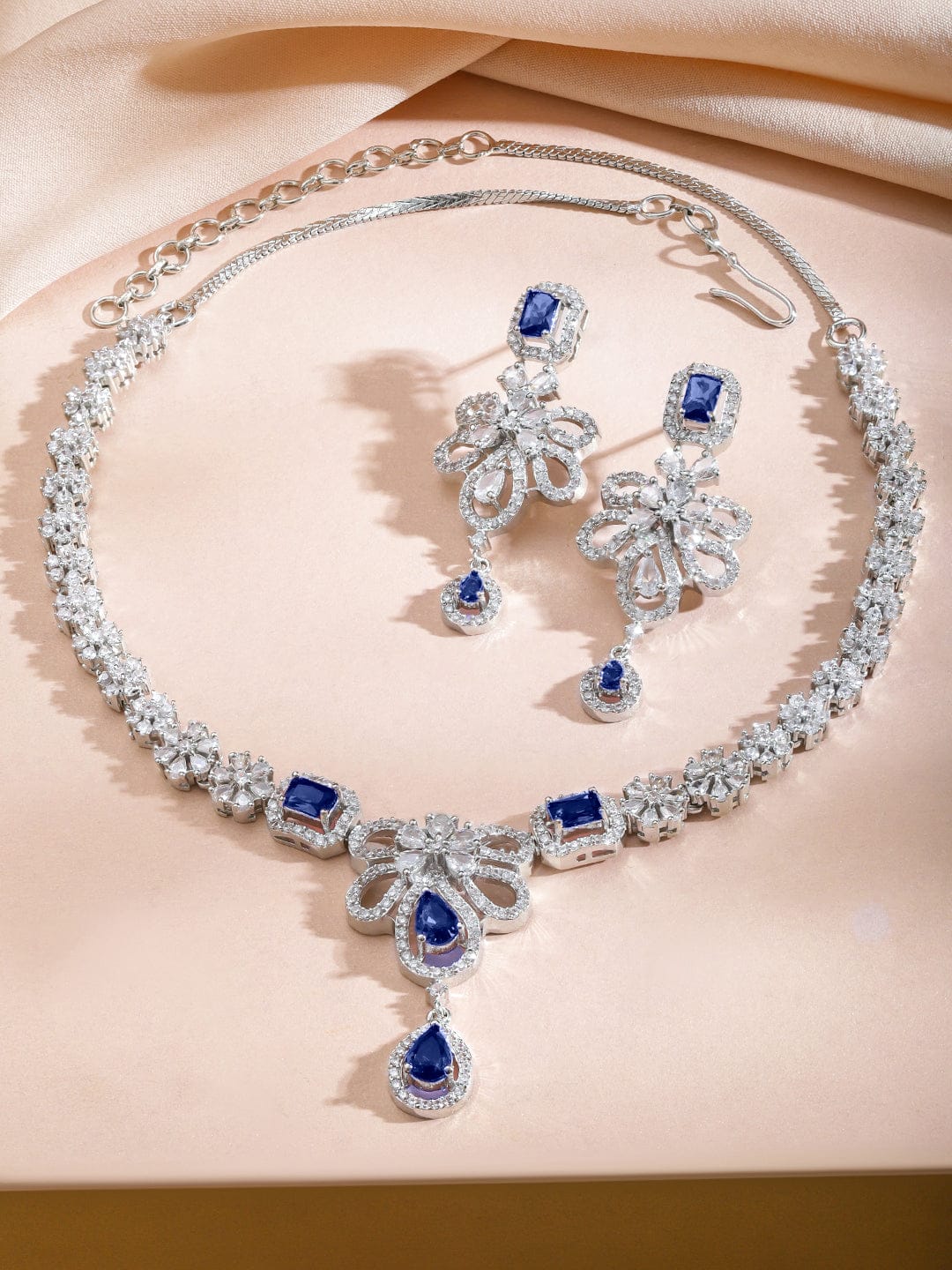 Blue Floral American Diamond Zirconia Studded Necklace Set