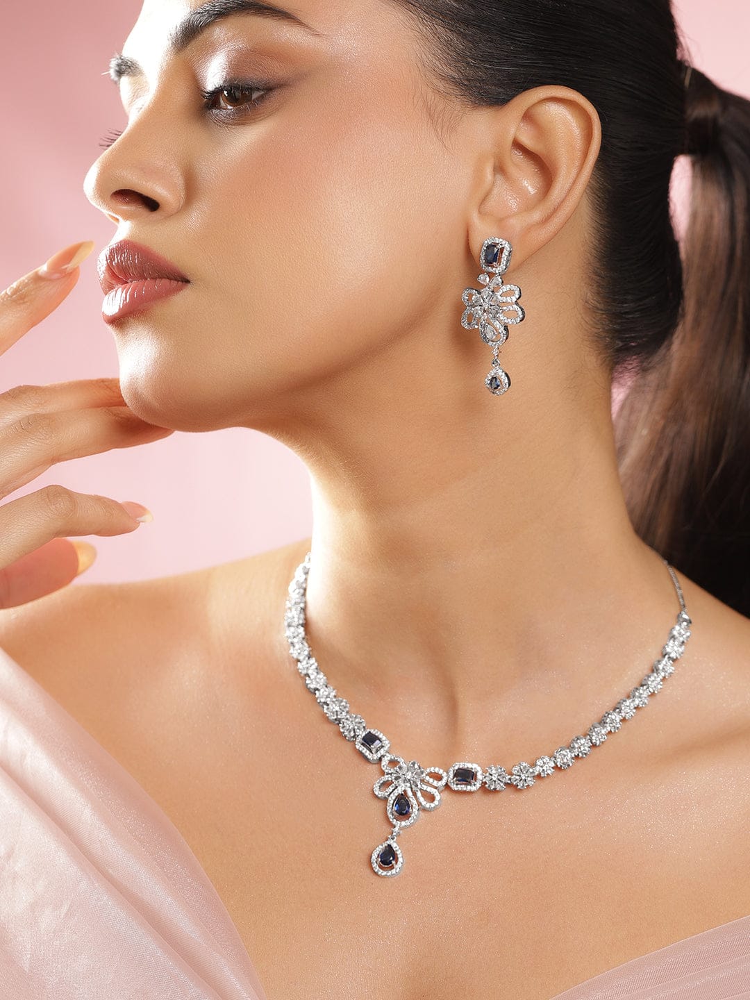 Blue Floral American Diamond Zirconia Studded Necklace Set