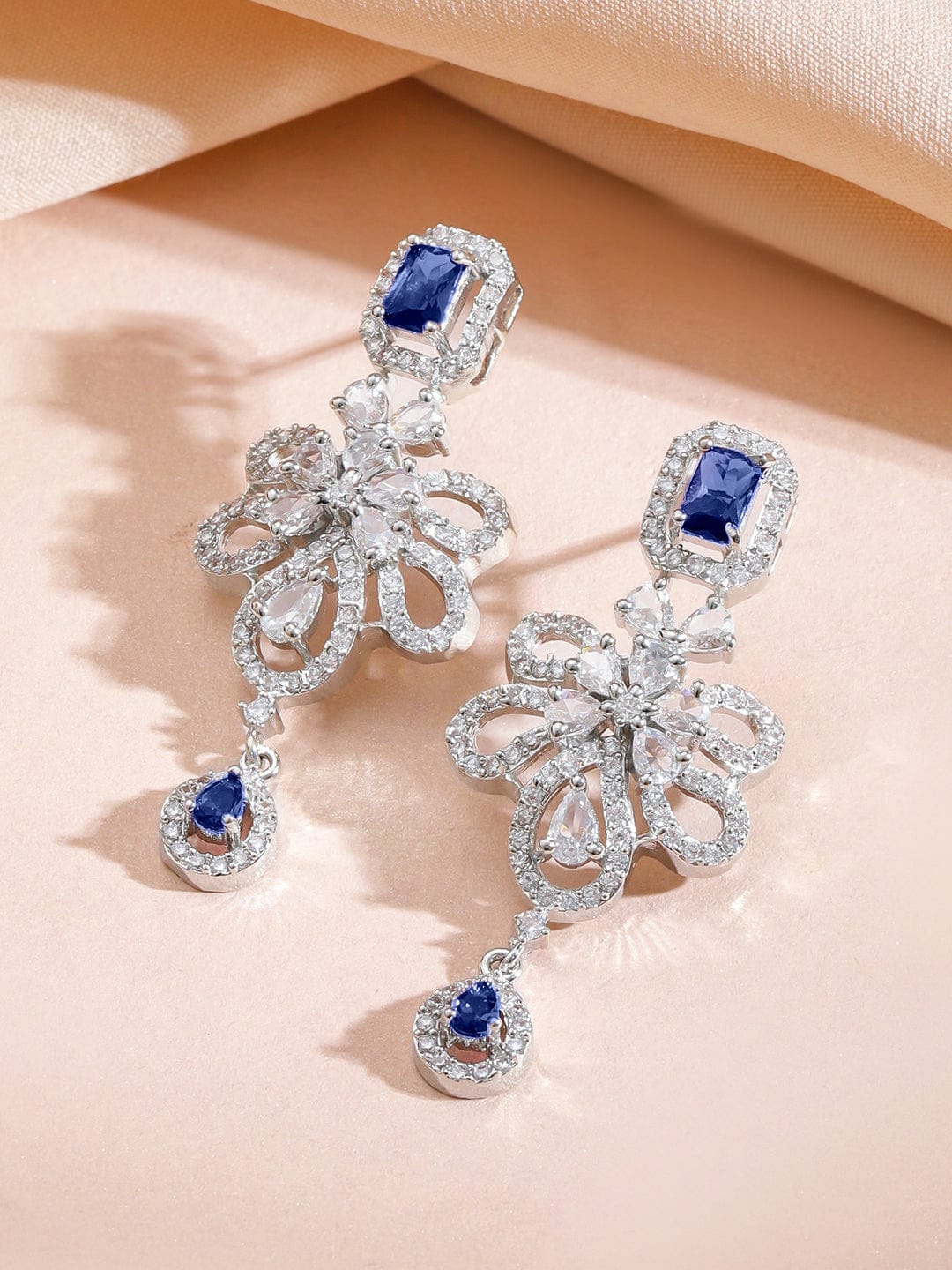 Blue Floral American Diamond Zirconia Studded Necklace Set