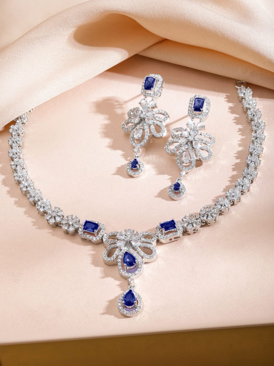 Blue Floral American Diamond Zirconia Studded Necklace Set