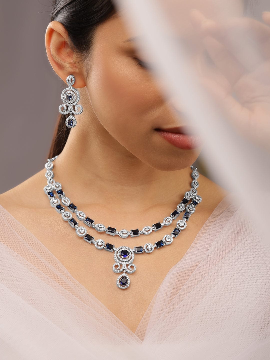 Blue Studded American Diamond Zirconia Layered Necklace Set