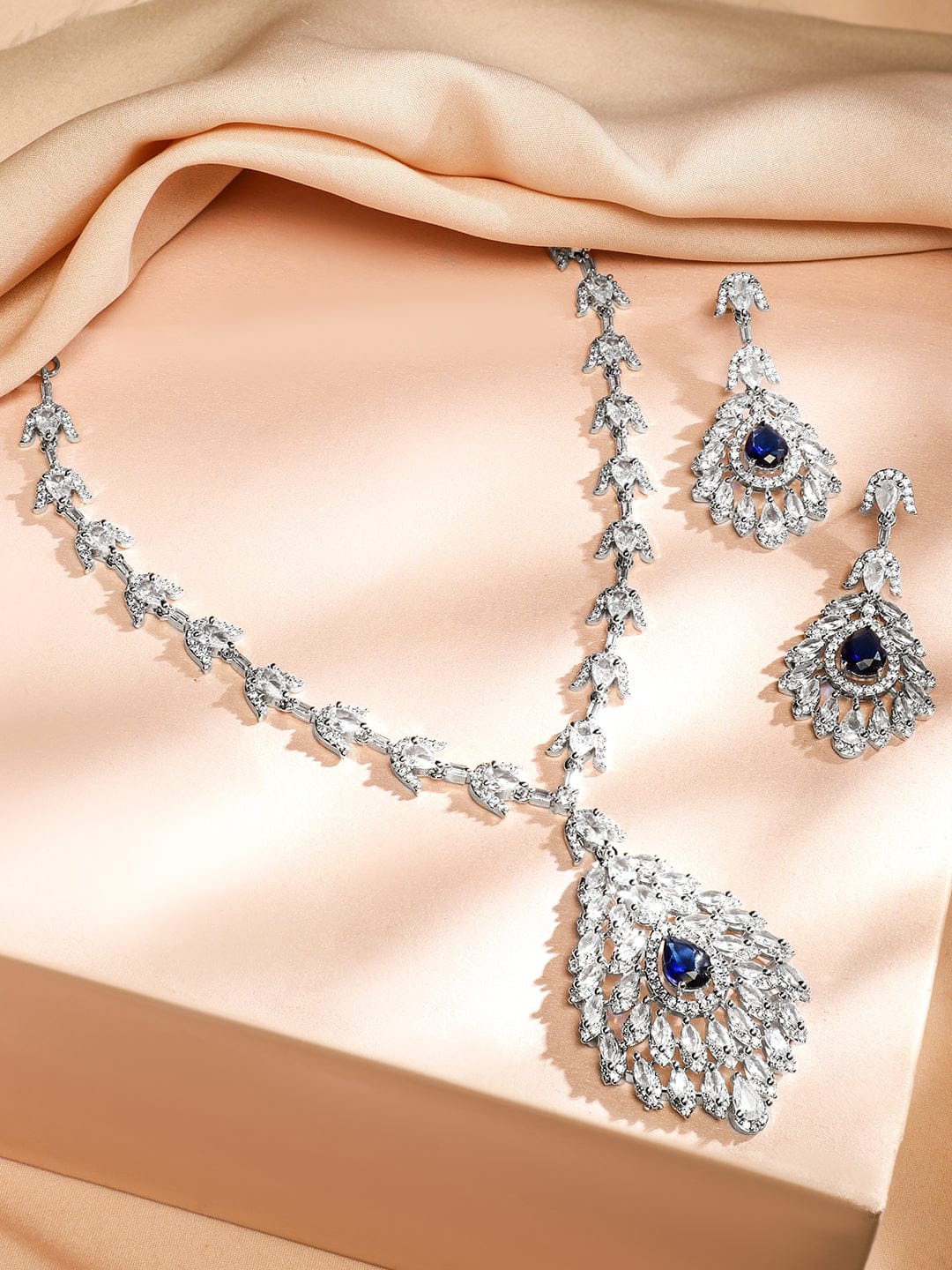 Blue Teardrop Necklace Set with American Diamond Zirconia