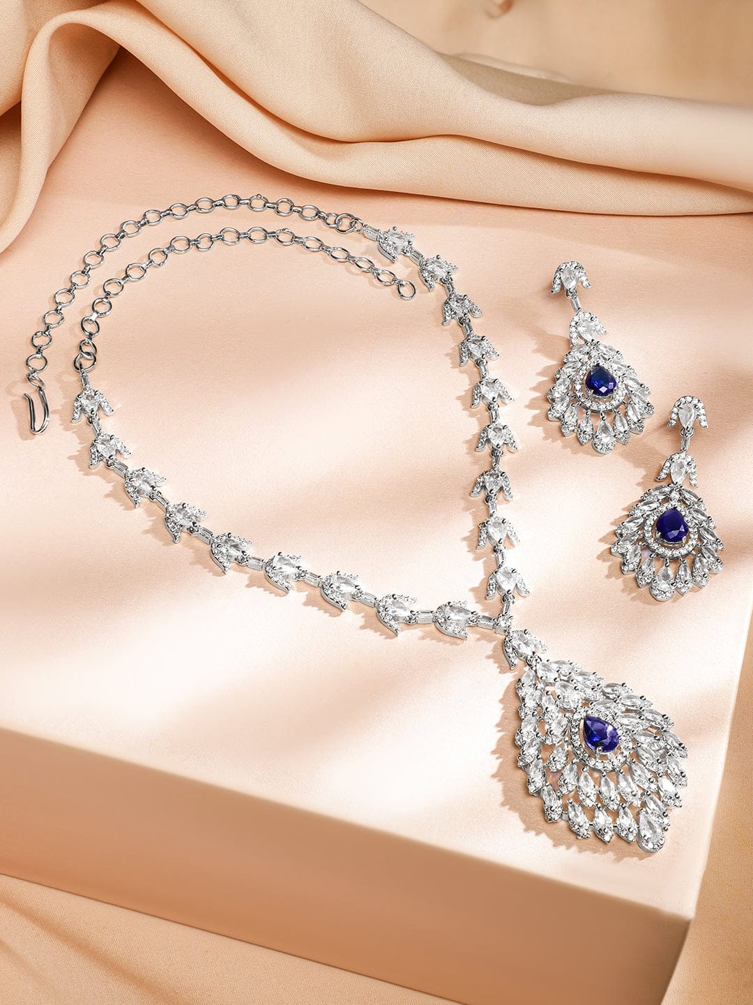 Blue Teardrop Necklace Set with American Diamond Zirconia