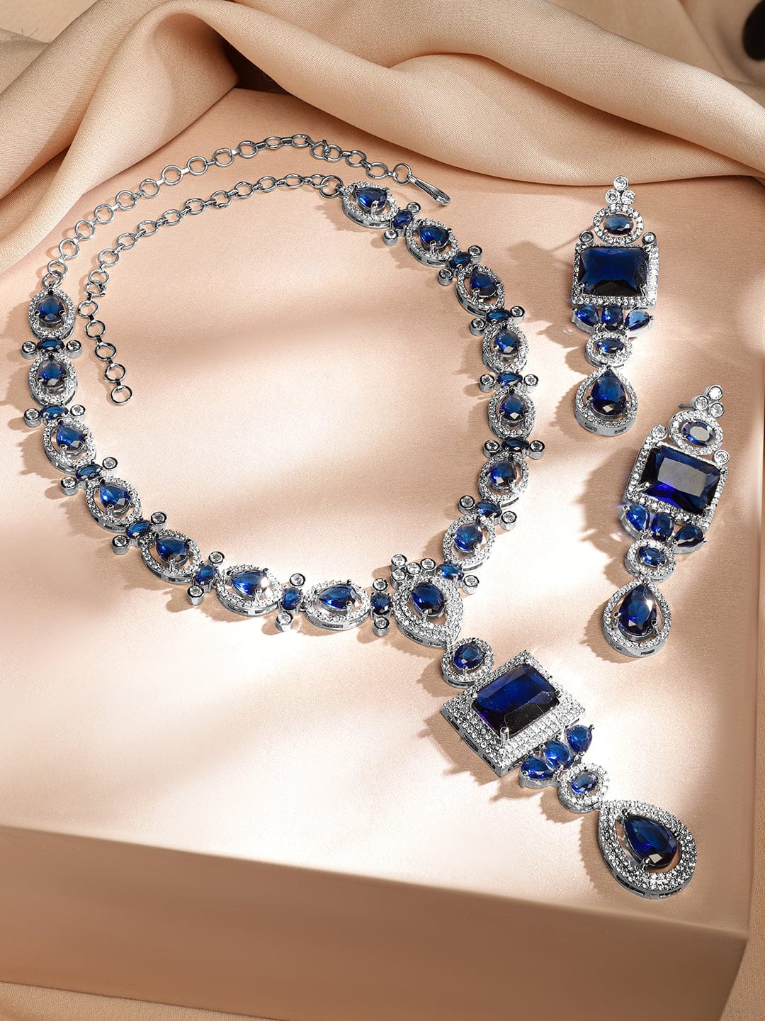 Blue Studded Necklace Set with American Diamond Zirconia