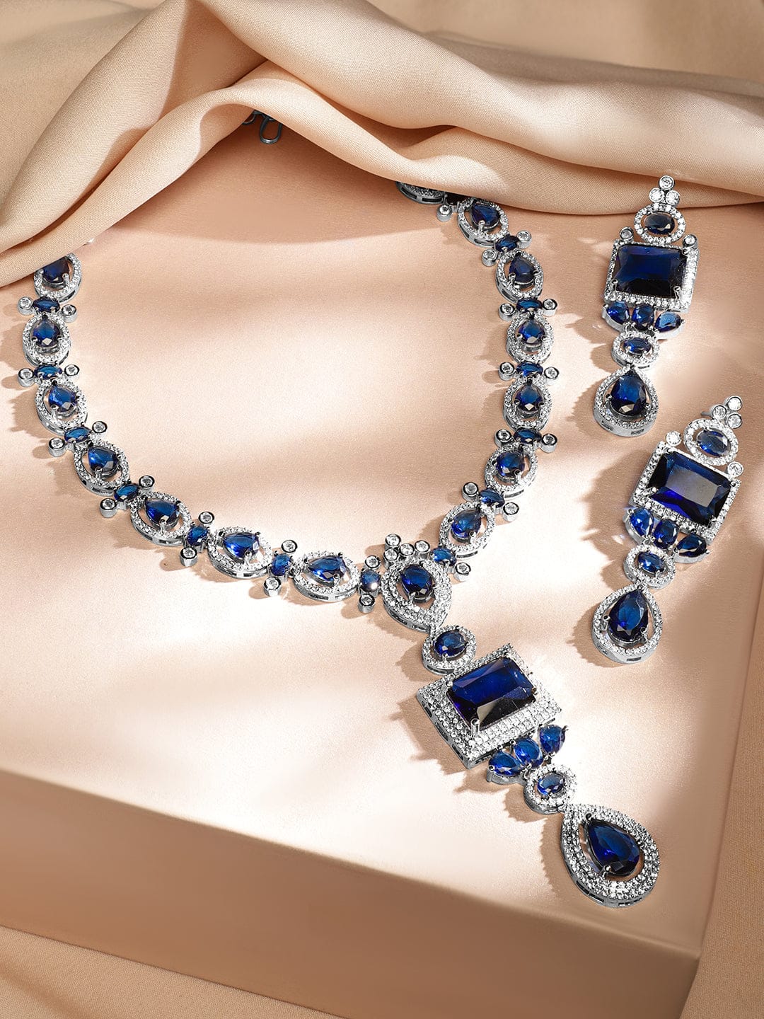 Blue Studded Necklace Set with American Diamond Zirconia
