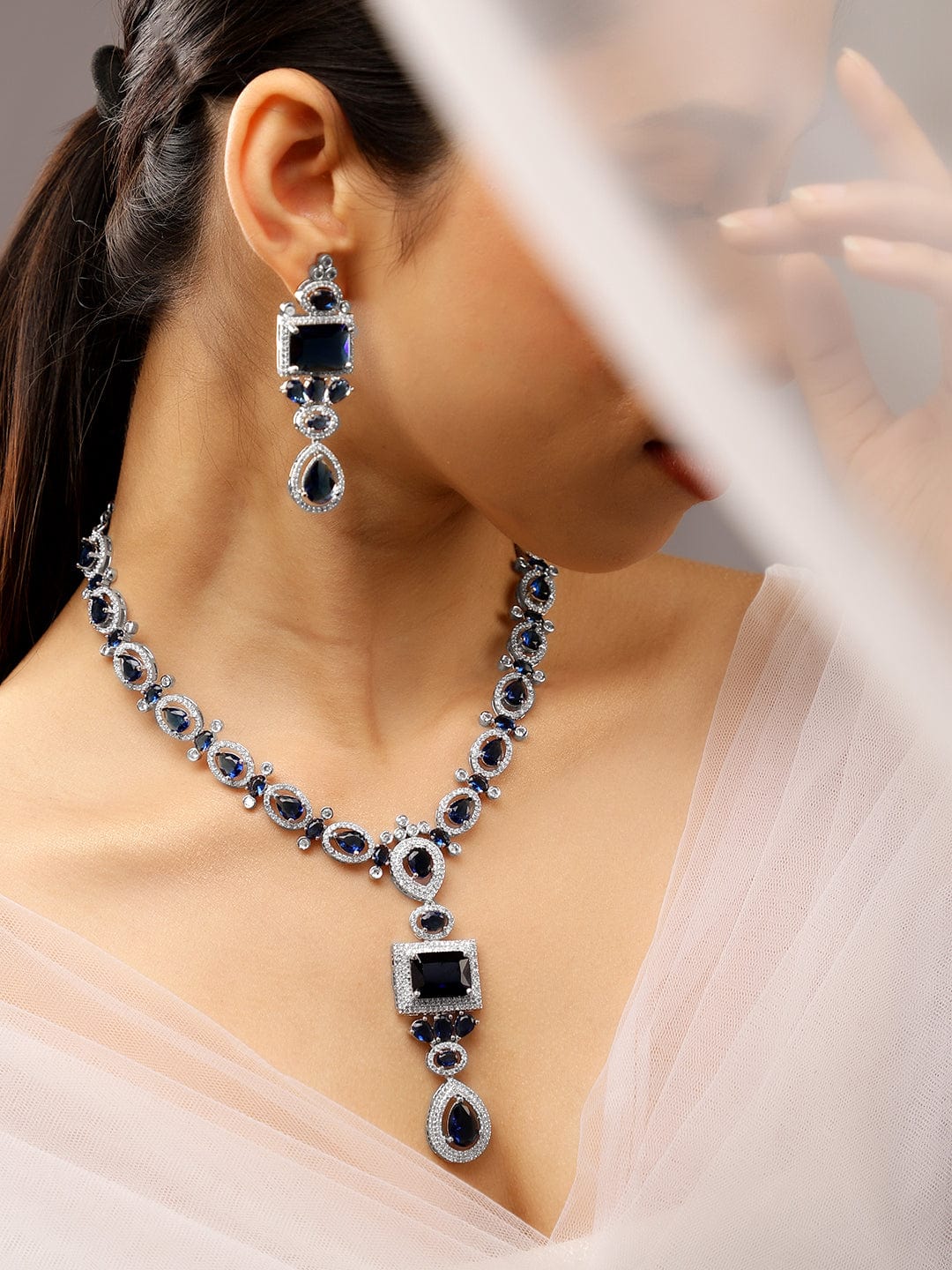 Blue Studded Necklace Set with American Diamond Zirconia